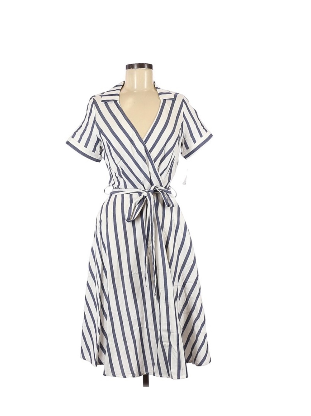 NWT Ixia Striped Wrap Midi Dress in White and Blue with Tie Waist